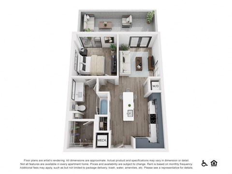 Floor plan for 1 bed, 1 bath, 671 sqft